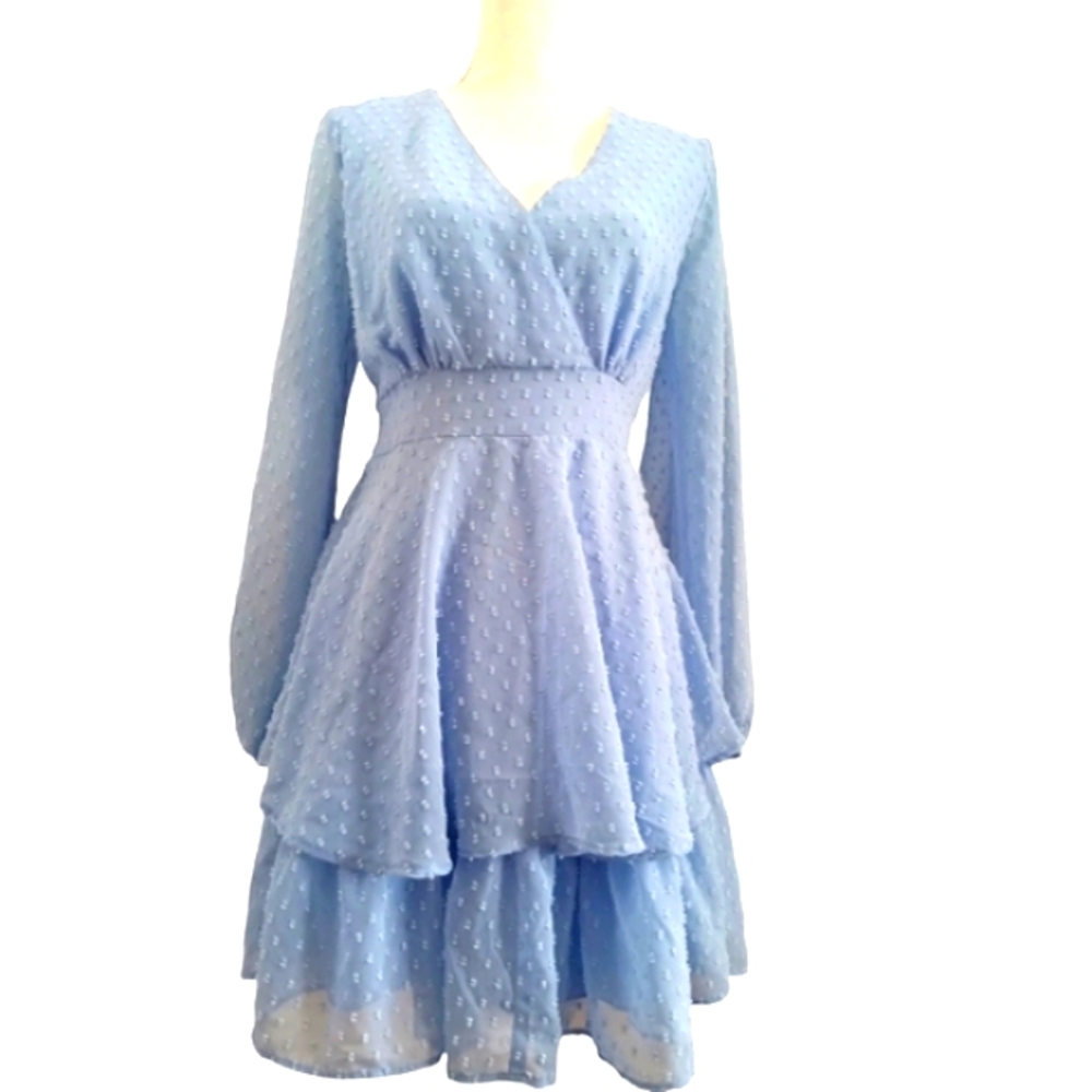 JOPNA light blue dot swiss, long sleeve, tiered, lined mini dress. - Picture 1 of 5